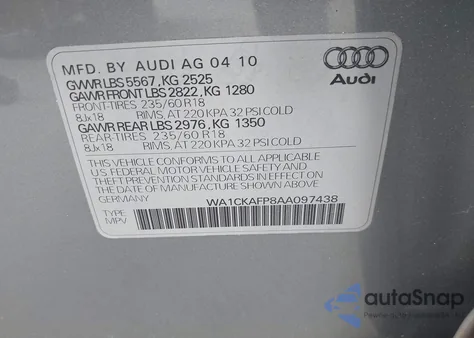 2010 Audi Q5 3.2 Premium from USA, damaged, VIN WA1CKAFP8AA097438